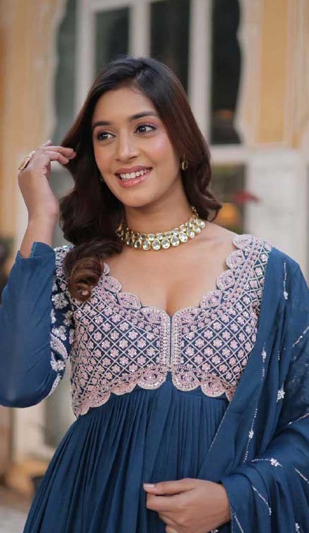 Teal Blue Star Georgette Embroidered Work Party Wear Gown With Dupatta - 11884203763