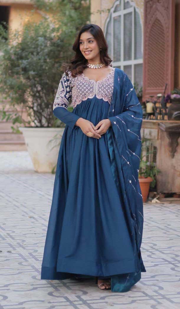 Teal Blue Star Georgette Embroidered Work Party Wear Gown With Dupatta - 11884203763