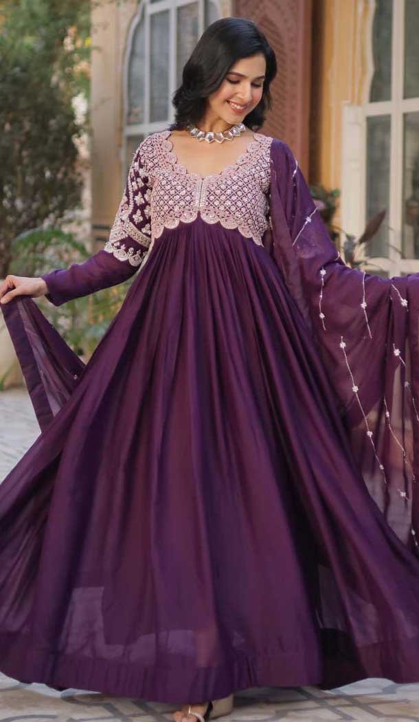 Wine Star Georgette Embroidered Work Party Wear Gown With Dupatta - 11884203764