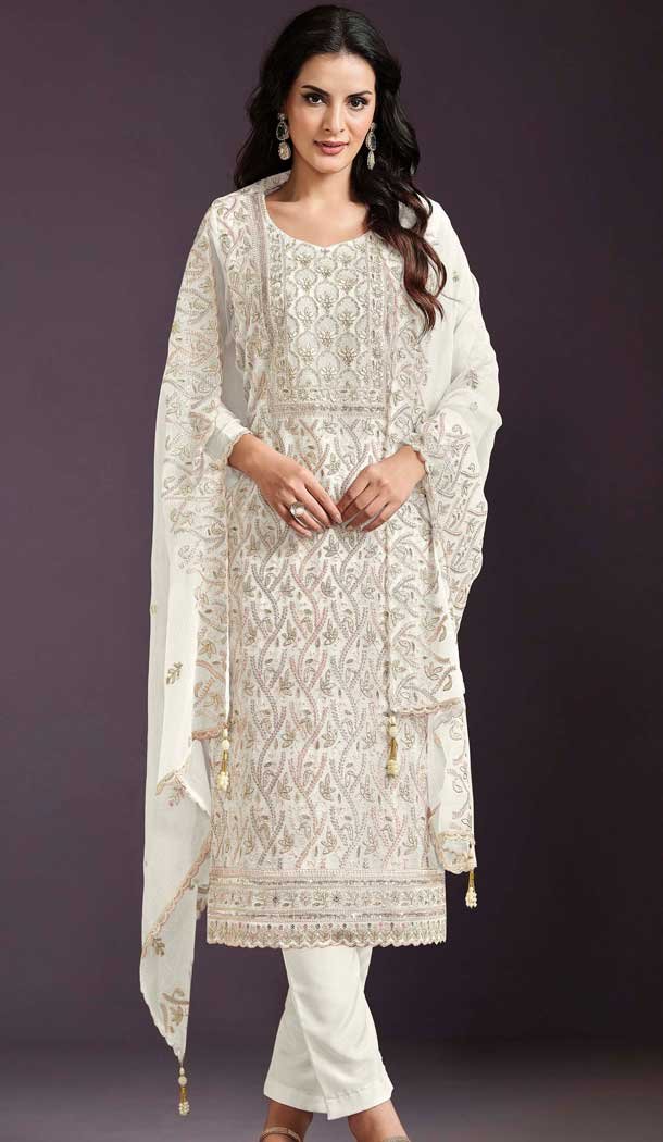 White Chinon Embroidery Work Casual Wear Salwar Kameez - 11885203766