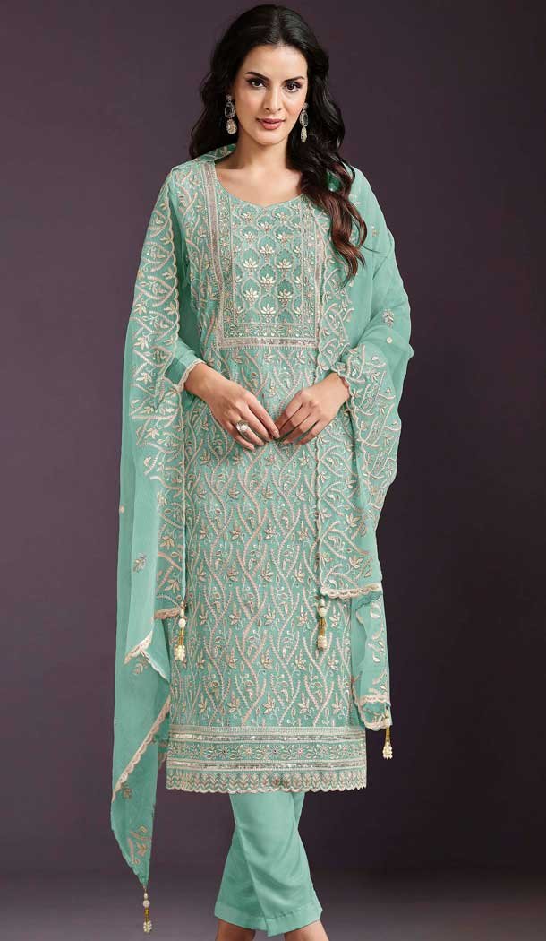 Mint Green Chinon Embroidery Work Casual Wear Salwar Kameez - 11885203768