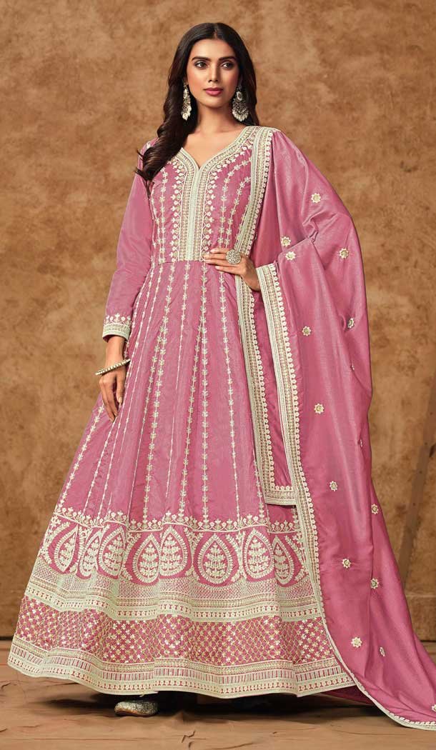 Pink Dola Silk Embroidery Work Wedding Wear Gown - 11828203478