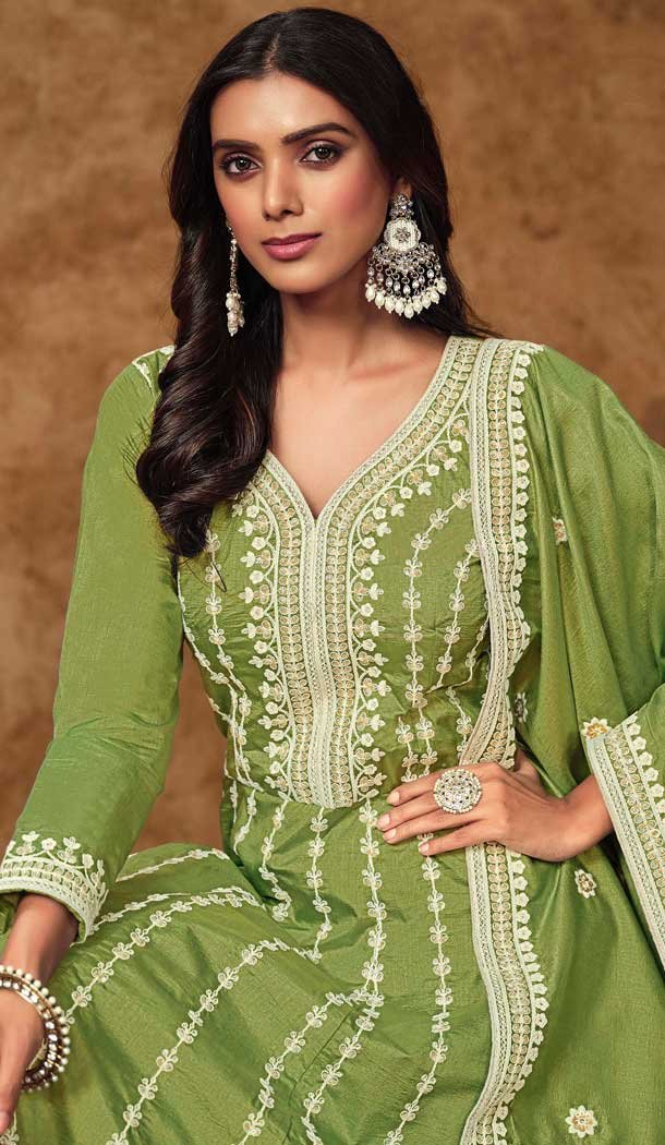 Green Dola Silk Embroidery Work Wedding Wear Gown - 11828203479