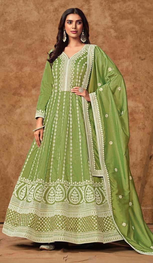 Green Dola Silk Embroidery Work Wedding Wear Gown - 11828203479