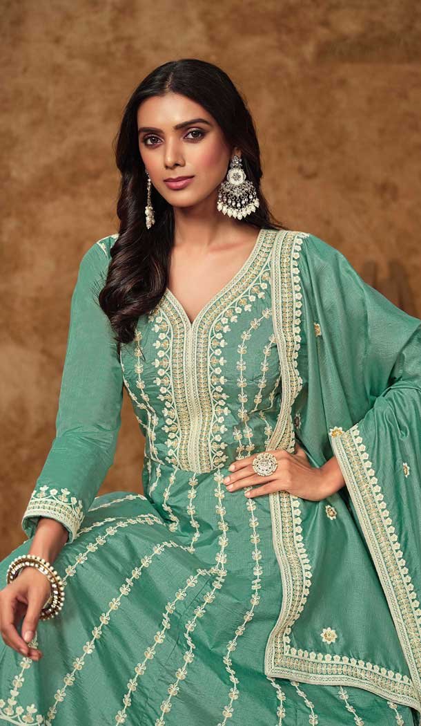 Sky Blue Dola Silk Embroidery Work Wedding Wear Gown - 11828203480