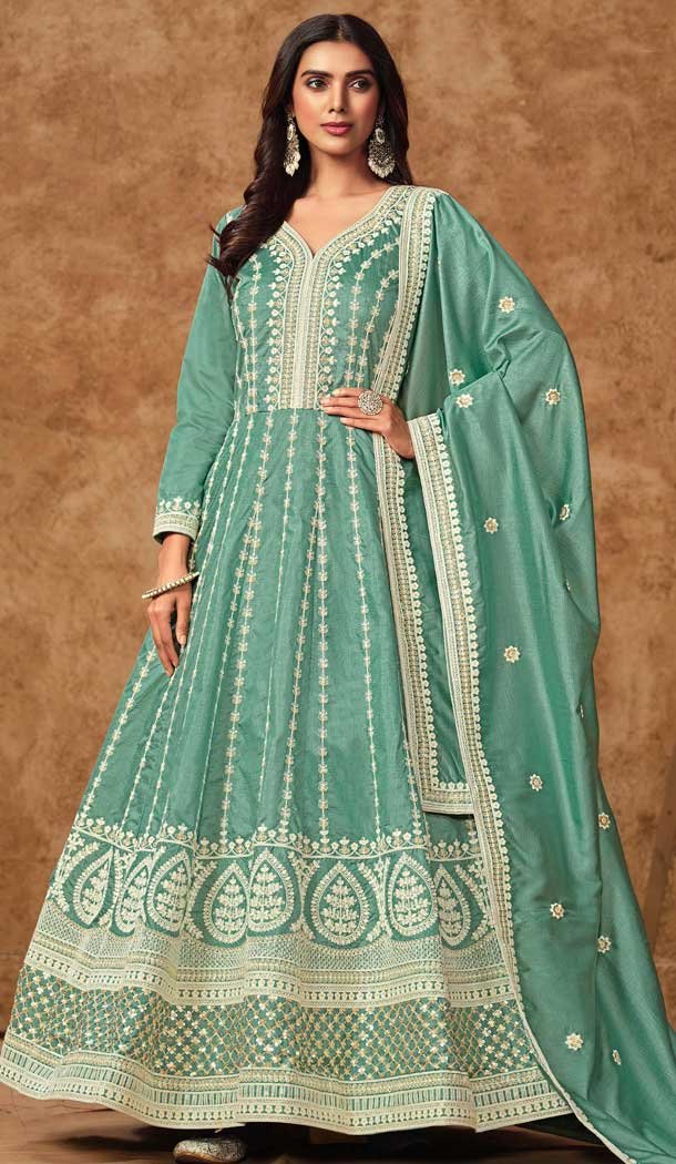Sky Blue Dola Silk Embroidery Work Wedding Wear Gown - 11828203480