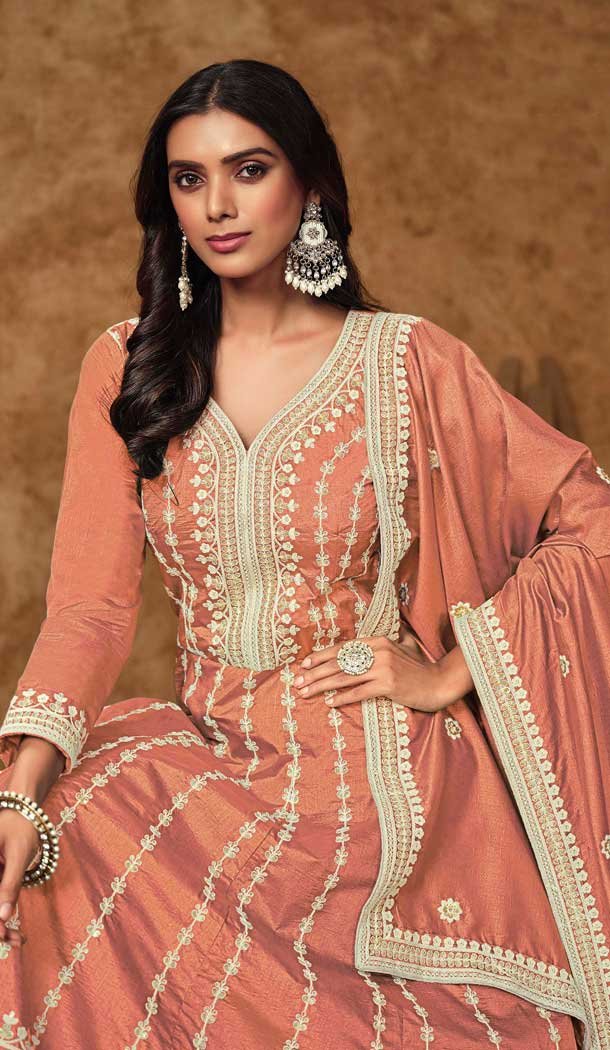 Peach Dola Silk Embroidery Work Wedding Wear Gown - 11828203481