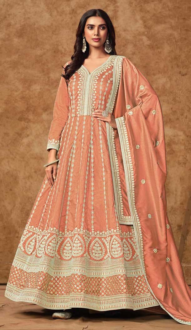 Peach Dola Silk Embroidery Work Wedding Wear Gown - 11828203481