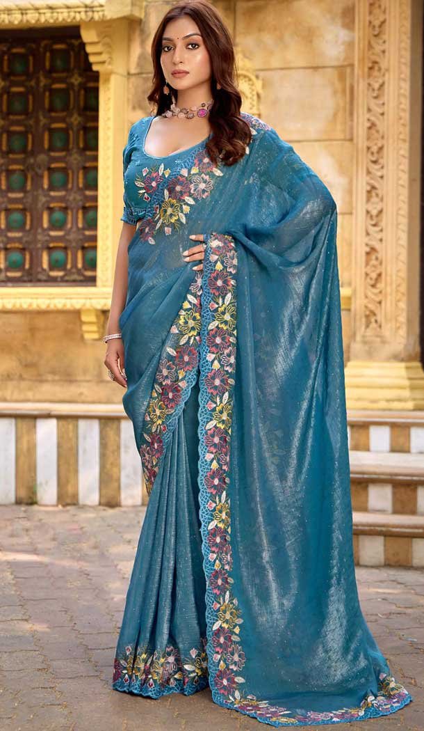 Chiffon Resham Work Party Wear Saree In Turquoise - 11834203503