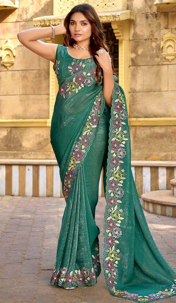 Chiffon Resham Work Party Wear Saree In Green - 11834203504