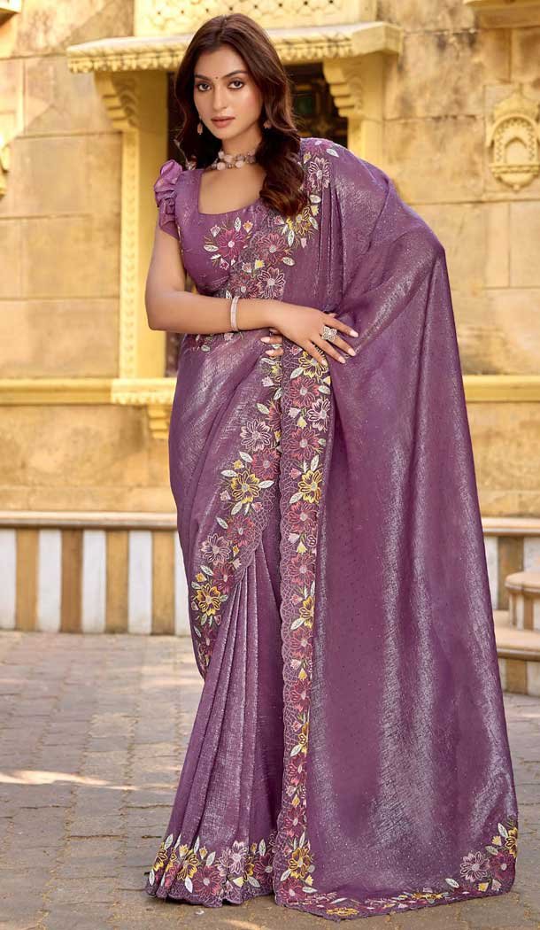 Chiffon Resham Work Party Wear Saree In Lavender - 11834203506