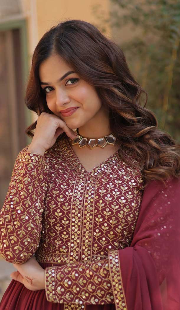 Georgette Embroidered Party Wear Anarkali Suit In Mauve - 11841203536