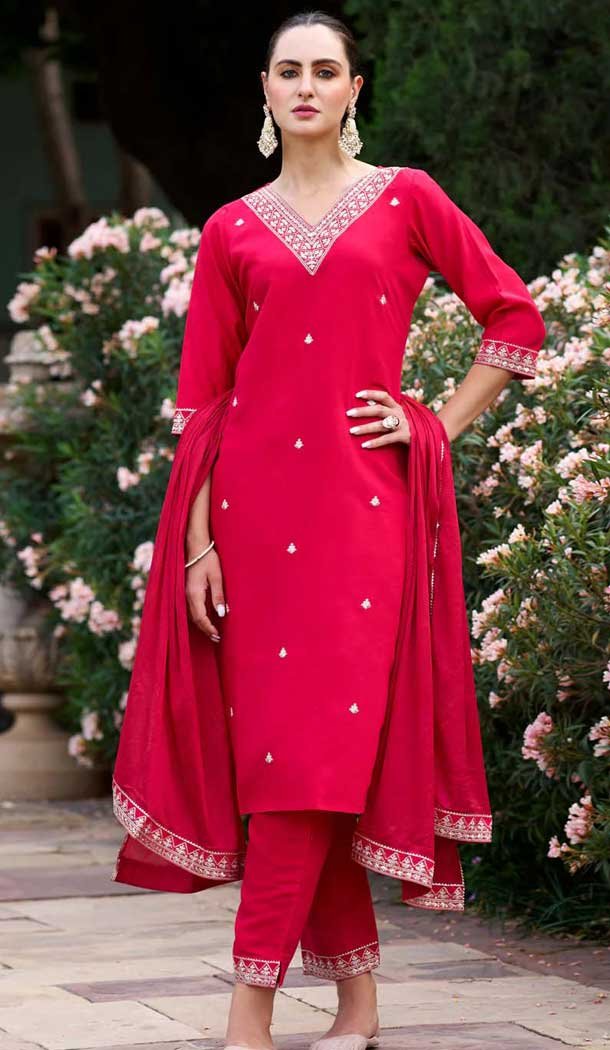Silk Blend Embroidered Party Wear Salwar Suit In Rani Pink - 11847203556