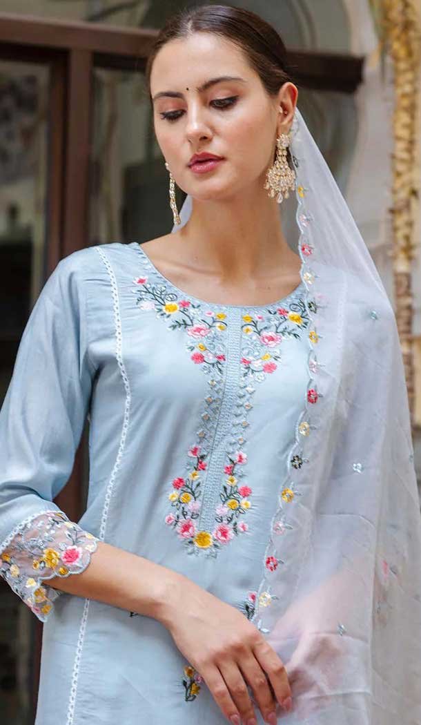 Viscose Rayon Sequins Work Party Wear Salwar Suit In Sky Blue - 11847203561