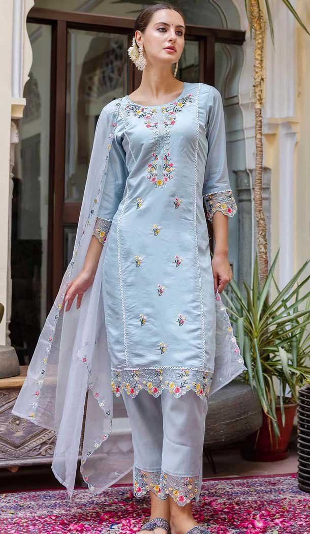 Viscose Rayon Sequins Work Party Wear Salwar Suit In Sky Blue - 11847203561