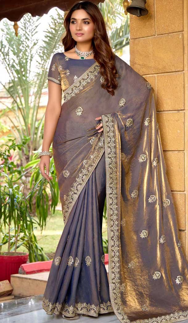 Fendi Chiffon Embroidered Party Wear Saree In Purple - 11831203492