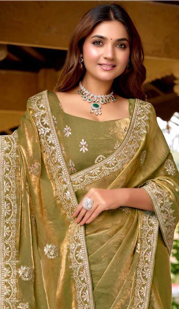 Fendi Chiffon Embroidered Party Wear Saree In Mehendi Green - 11831203493