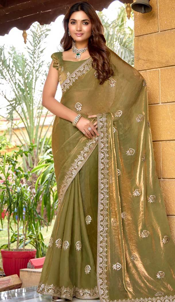 Fendi Chiffon Embroidered Party Wear Saree In Mehendi Green - 11831203493
