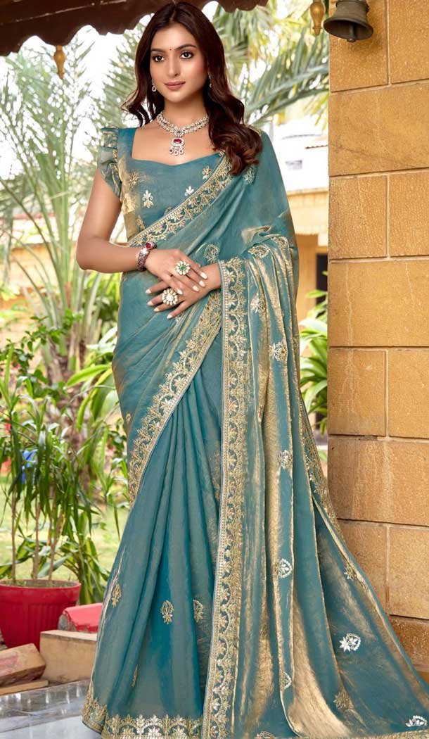 Fendi Chiffon Embroidered Party Wear Saree In Sky Blue - 11831203494