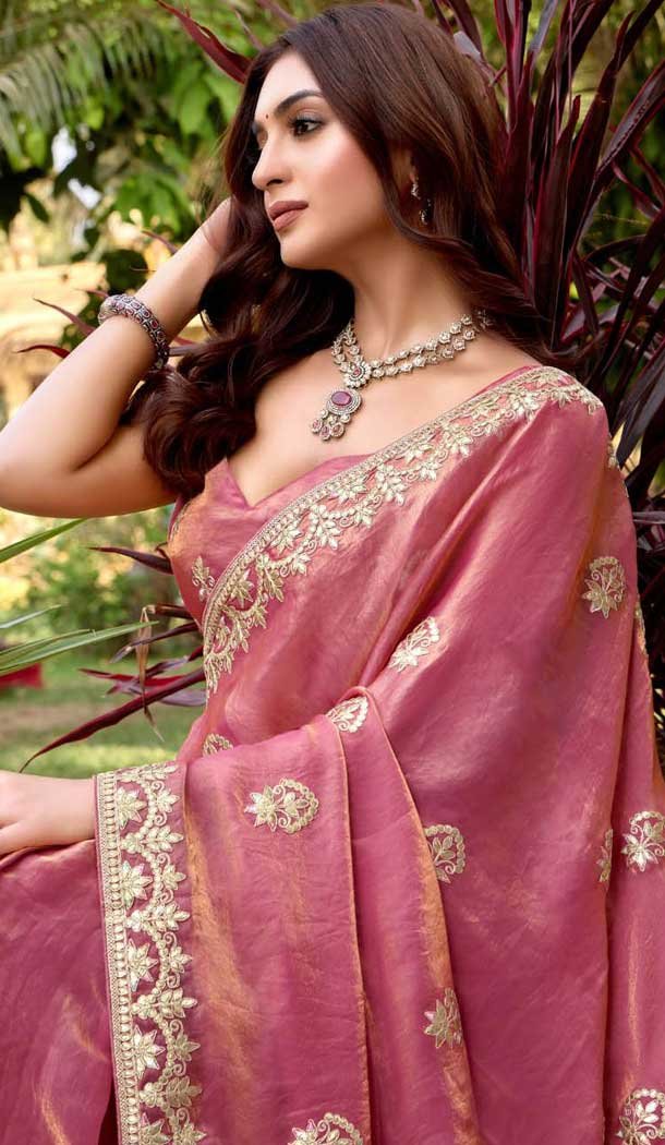 Fendi Chiffon Embroidered Party Wear Saree In Pink - 11831203495