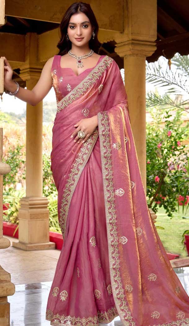 Fendi Chiffon Embroidered Party Wear Saree In Pink - 11831203495