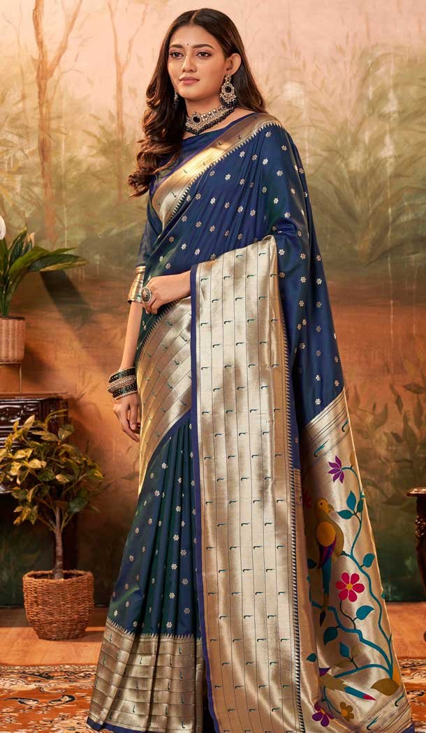 Teal Blue Silk Paithani Work Traditional Wear Saree - 11858203620
