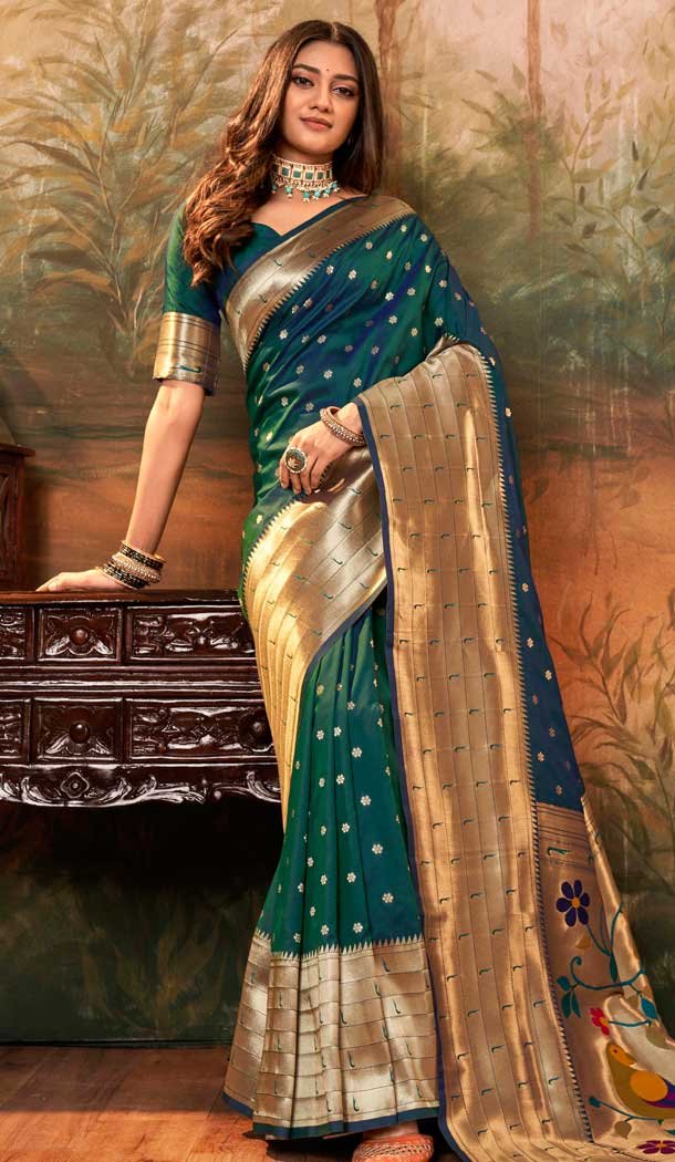 Dark Green Silk Paithani Work Traditional Wear Saree - 11858203622
