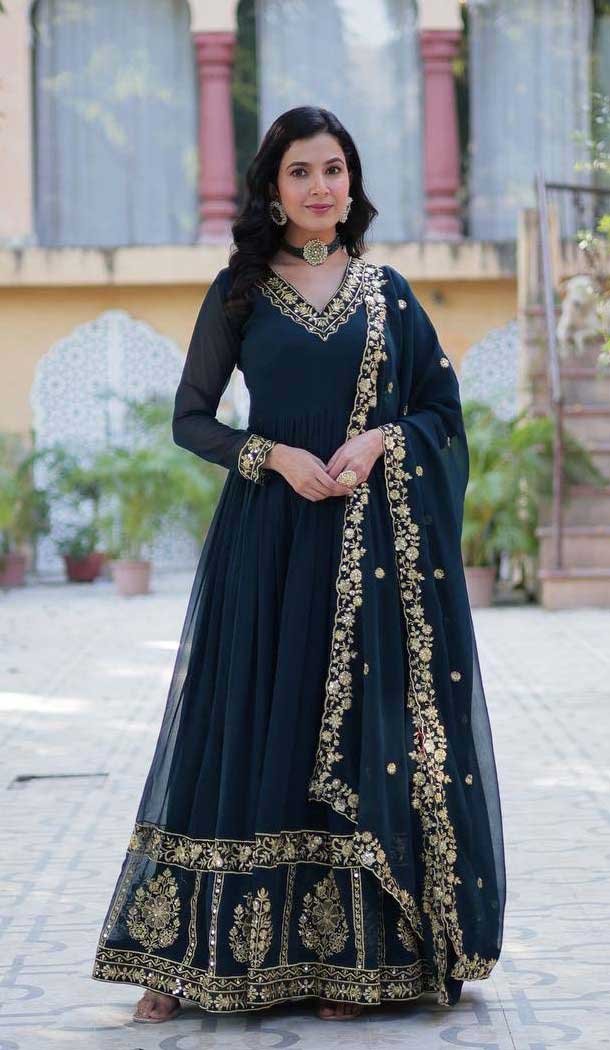 Teal Blue Georgette Embroidery Work Party Wear Gown - 11871203703