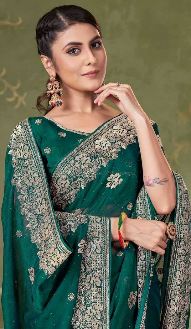 Chiffon Resham Work Party Wear Saree In Green - 11921203942