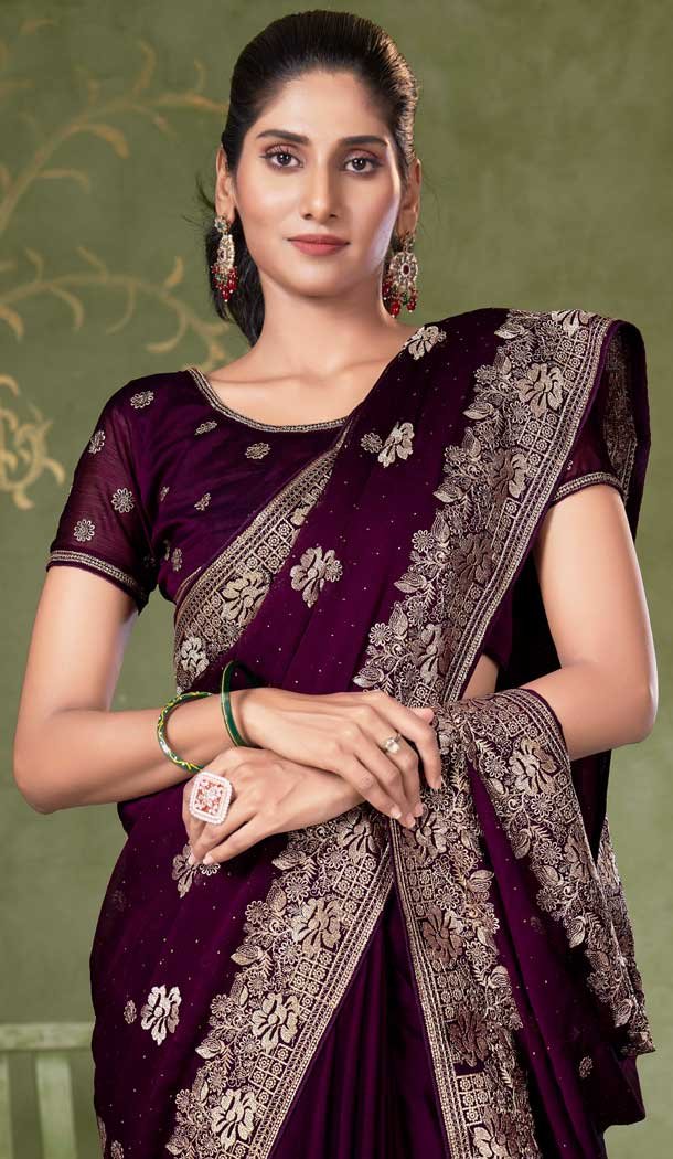 Chiffon Resham Work Party Wear Saree In Wine - 11921203943