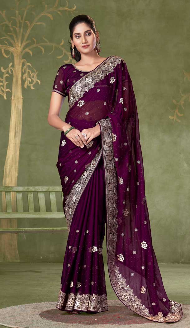 Chiffon Resham Work Party Wear Saree In Wine - 11921203943