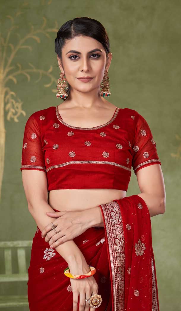 Chiffon Resham Work Party Wear Saree In Red - 11921203944