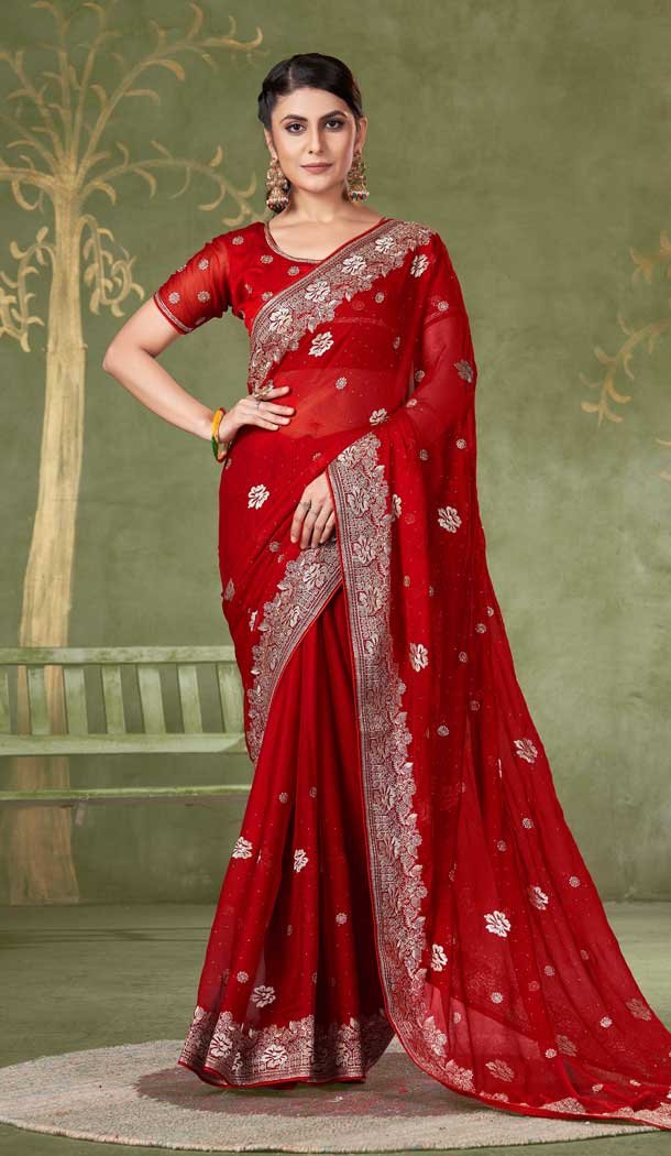 Chiffon Resham Work Party Wear Saree In Red - 11921203944