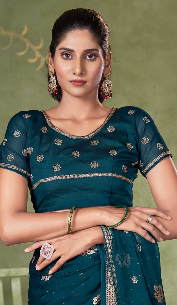 Chiffon Resham Work Party Wear Saree In Teal Blue - 11921203945