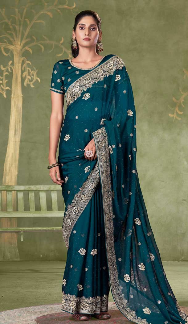 Chiffon Resham Work Party Wear Saree In Teal Blue - 11921203945