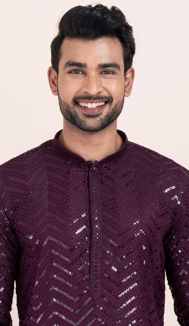 Viscose Rayon Sequins Work Men Kurta Pajama In Purple - 11951204123