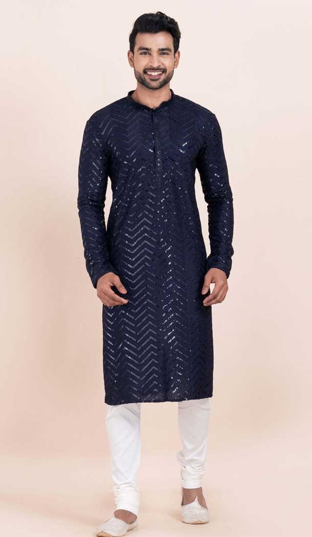 Viscose Rayon Sequins Work Men Kurta Pajama In Navy Blue - 11951204126