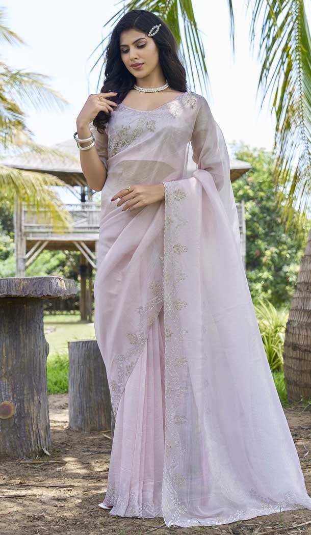 Light Lavender Super Coat Embroidered Party Wear Saree - 11927203971