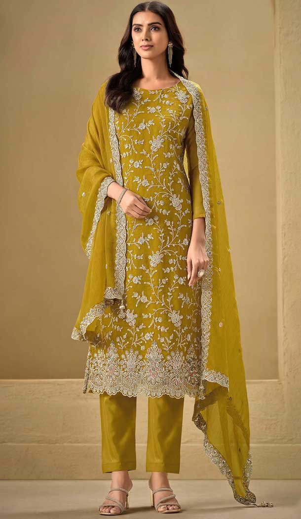 Chinon Sequence Work Casual Salwar Suit In Mustard - 11935204004