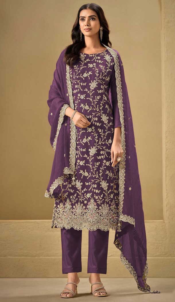Chinon Sequence Work Casual Salwar Suit In Purple - 11935204005