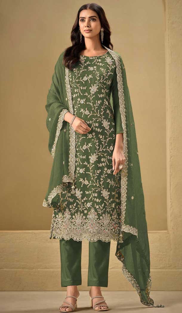 Chinon Sequence Work Casual Salwar Suit In Olive Green - 11935204006