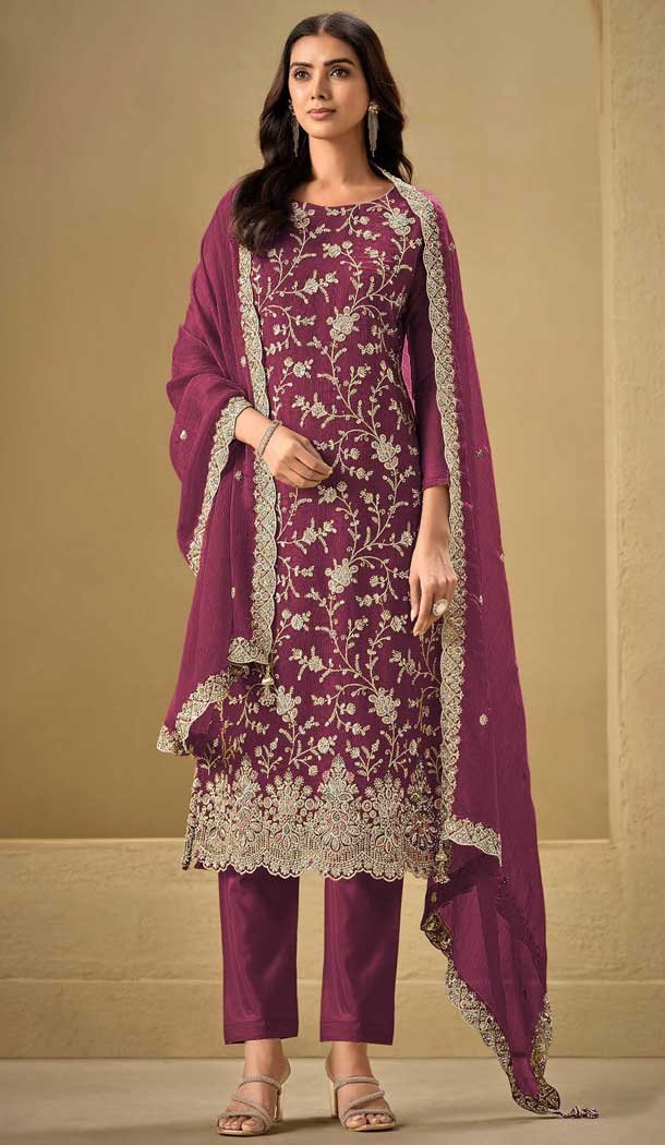 Chinon Sequence Work Casual Salwar Suit In Wine - 11935204007