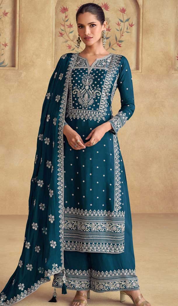 Teal Blue Blue Fox Georgette Embroidered Pakistani Palazzo Salwar Suit - 11936204009