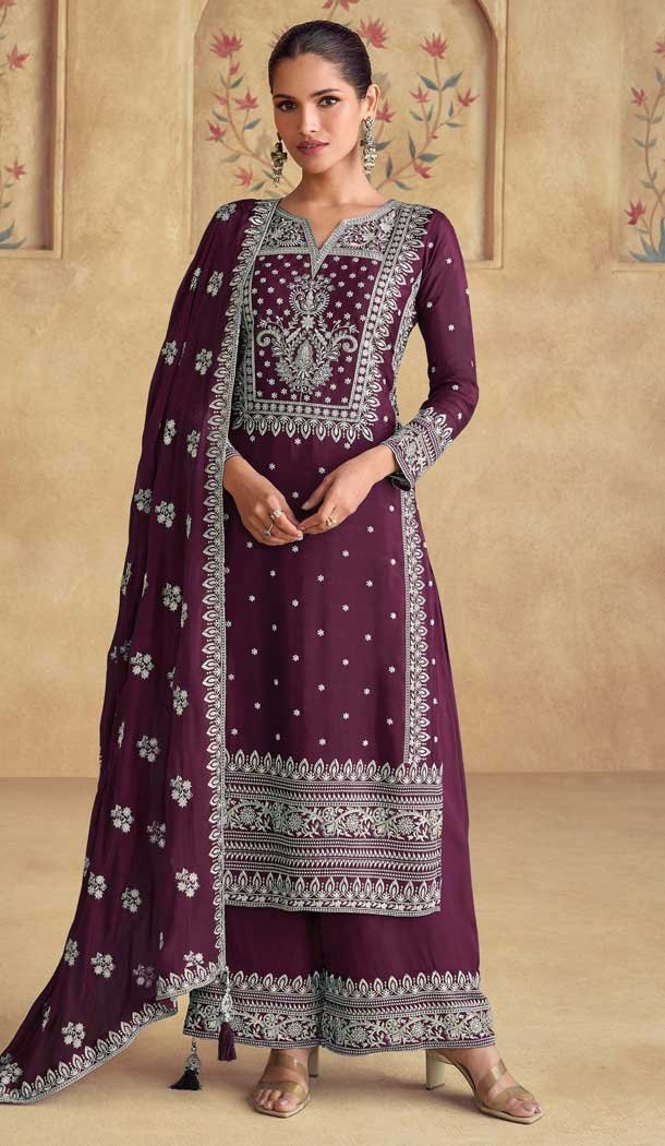 Wine Fox Georgette Embroidered Pakistani Palazzo Salwar Suit - 11936204010