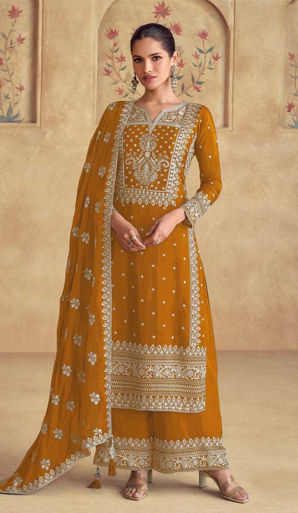 Mustard Fox Georgette Embroidered Pakistani Palazzo Salwar Suit - 11936204011