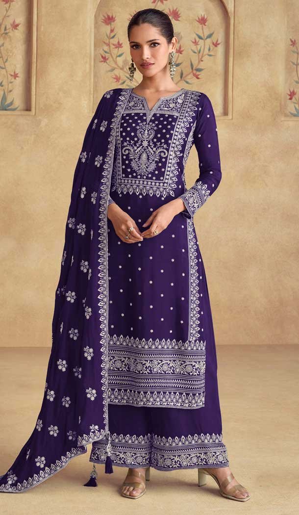 Purple Fox Georgette Embroidered Pakistani Palazzo Salwar Suit - 11936204012