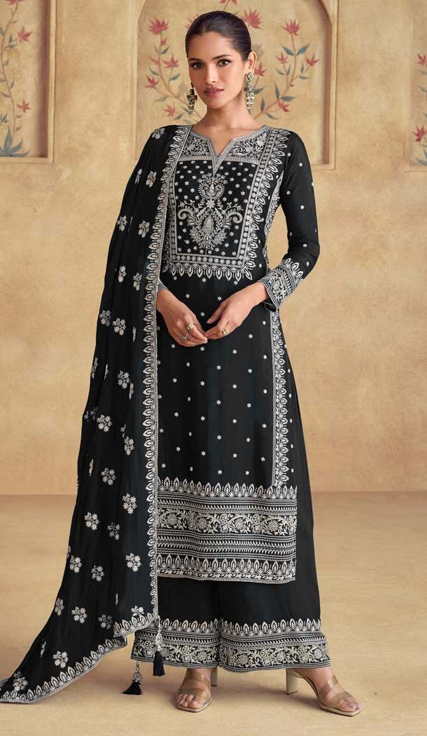 Black Fox Georgette Embroidered Pakistani Palazzo Salwar Suit - 11936204013