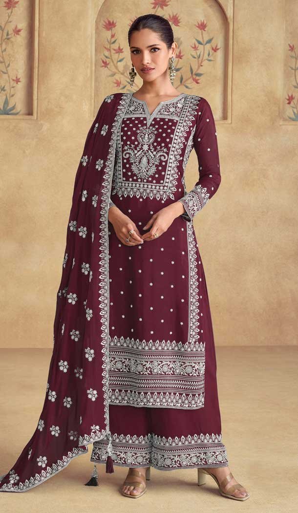 Maroon Fox Georgette Embroidered Pakistani Palazzo Salwar Suit - 11936204014