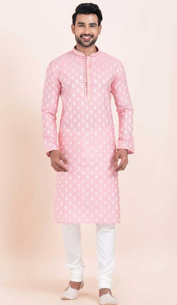 Pink Cotton Jacquard Work Party Wear Mens Kurta Pajama - 11954204155