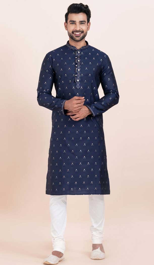 Navy Blue Cotton Jacquard Work Party Wear Mens Kurta Pajama - 11954204158